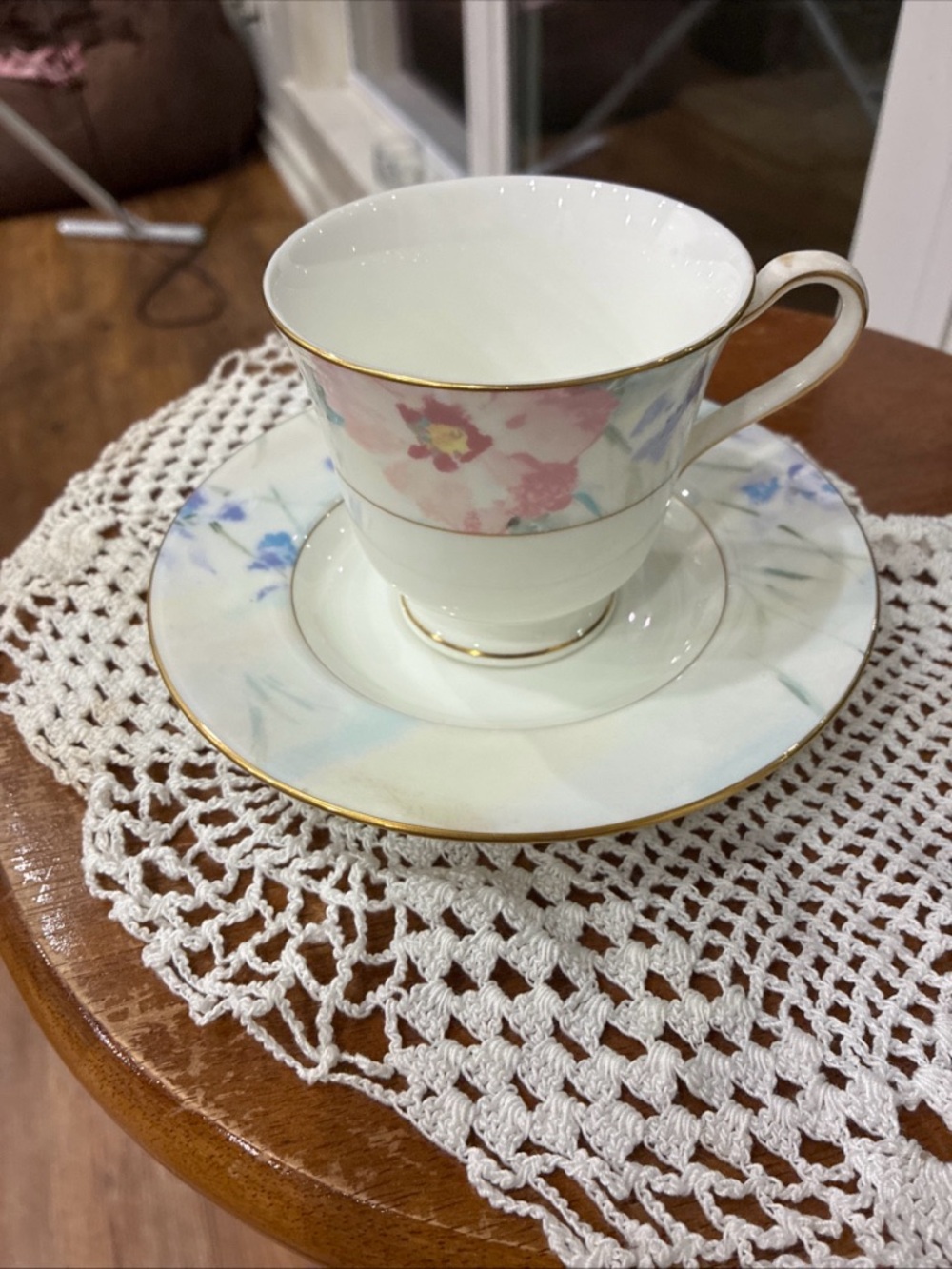 2 Mikasa  Floral Porcelain Teacup and Saucer with Gold Trim - White, Pink, Blue